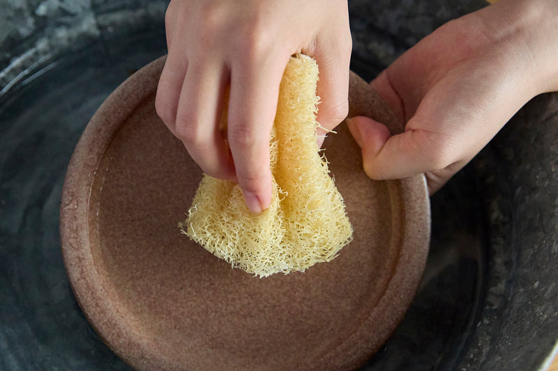 軽い食器汚れなら、洗剤なしでもOK。へちまの細かな繊維が汚れを絡めとってくれます。