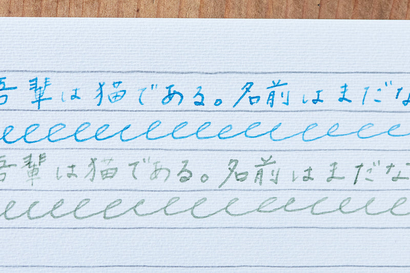 上が「天然染料のインク 藍」、下が「天然染料のインク 葉緑」。こちらはガラスペンで書いたもの。